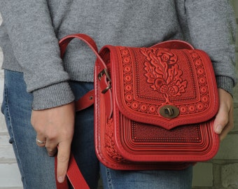 Leather purses crossbody, red bag womens, red leather purse, hot tooled leather, shoulder leather bag, messenger bag, gift for her