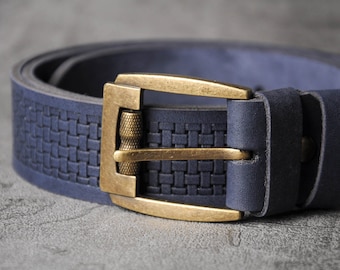 Blue leather belt, genuine leather belt, embossed leather belt, mens leather belt, unique belt men, womens belt, mens belt
