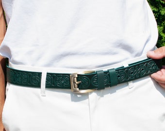 Green leather belt, celtic leather belt, embossed leather belt, celtic belt, mens leather belt, womens belt, mens belt
