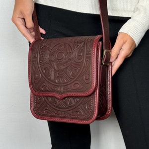 Genuine leather shoulder purse with embossed pattern - cute crossbody bag for women - Ukrainian art