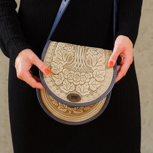 Genuine leather shoulder bag &#39;Guelder rose&#39; for ladies, tooled leather crossbody womens, ukrainian gift