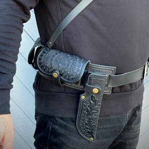 Embossed Leather Cartridge Belt: Hunting Bandolier with Knife Sheath