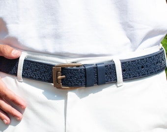 Blue leather belt, genuine leather belt, embossed leather belt, mens leather belt, unique belt men, womens belt, mens belt