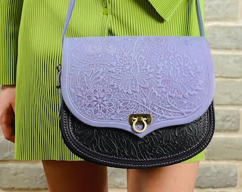 Leather embossed purse, leather crossbody bag women, lilac genuine leather shoulder bag with embossed floral pattern, elegant gift bag