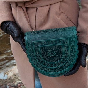 Green Leather Crossbody Bag: Handmade Ethnic Shoulder Purse