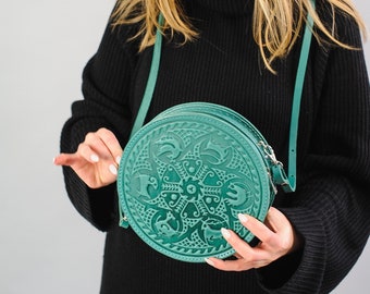 Turquoise round bag, turquoise leather purse, women round bags, leather evening bag, round leather purse, unique leather purse