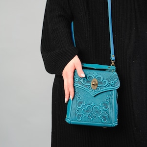 Turquoise Embossed Leather Backpack: Small Convertible Bag