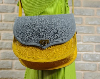 Ukrainian Embossed Leather Crossbody Bag, Floral Pattern