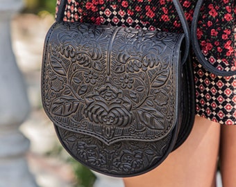 Embossed Leather Mini Purse: Hot Tooled Black Shoulder Bag
