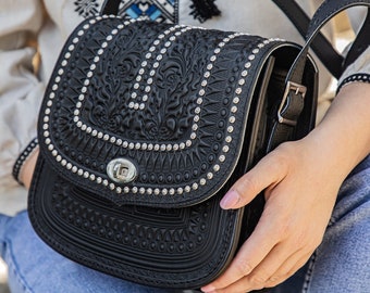 Black Messenger Bag With Metal, Genuine Leather Bag, Big