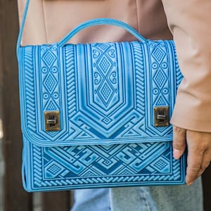 Maletín de cuero azul para mujer, Maletín de cuero para portátil, Bolso de moda, Cartera de cuero, Bolso de cuero clásico para el trabajo, Bolso étnico