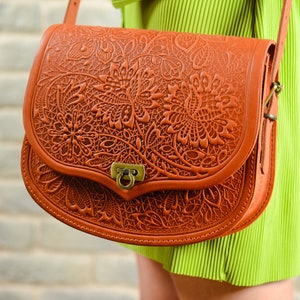 Orange Leather Crossbody Bag: Embossed Floral Purse