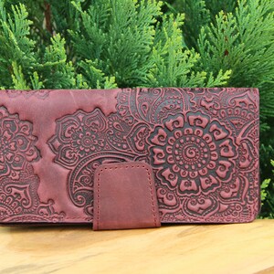 Cartera de cuero Marsala, billetera de cuero suave, billetera con bolsillo para monedas, billetera larga para mujer, billetera de grano completo, billetera de embrague, billetera para mujer