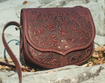 Leather purse crossbody, brown messenger bag, hot tooled purse, bordeaux crossbody bag, brown shoulder bag, capacious leather bag