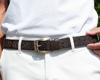 Brown leather belt, celtic leather belt, celtic belt, embossed leather belt, mens leather belt, womens belt, leather accessories