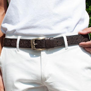 Brown leather belt, celtic leather belt, celtic belt, embossed leather belt, mens leather belt, womens belt, leather accessories