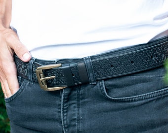 Black leather belt, genuine leather belt, embossed leather belt, mens leather belt, unique belt men, womens belt, mens belt