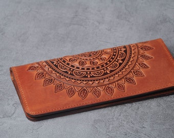 Mandala foxy wallet, brown leather wallet, soft leather wallet, long wallet, clutch wallet, womens wallet, gift for her