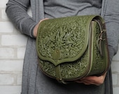 Olive messenger bag, big leather purse, hot tooled purse, olive crossbody bag, green shoulder bag, capacious leather bag, bag with animals