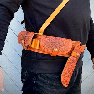 Embossed Leather Cartridge Belt: Hunting Bandolier with Knife Sheath