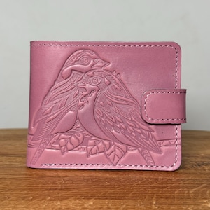 Carteira de couro elegante em relevo com design de 2 pássaros - presente para 3º aniversário