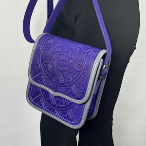 Cute ultramarine Crossbody Bag - Embossed Genuine Leather Purse with Trypillia Design - Handmade in Ukraine
