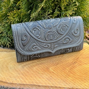 Cartera de cuero gris, billetera de cuero suave, cuero de billetera boho, billetera de cuero genuino, billetera de cuero genuino, billetera de embrague