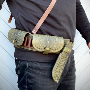 Handcrafted Leather Cartridge Belt: Embossed Hunting Bandolier with Knife Sheath