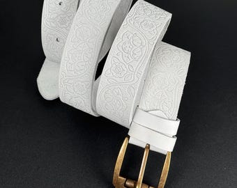 White embossed genuine leather belt for women