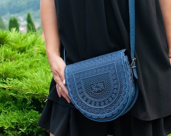 Blue ethnic purse, messenger bag, hot tooled bag, genuine leather bag, purse womens, shoulder leather bag, crossbody bag womens, blue bag