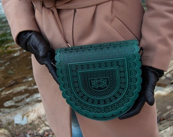Bolso bandolera de piel verde: bolso étnico hecho a mano