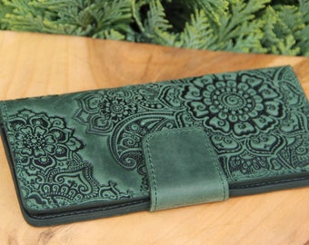 Cartera larga para mujer, cartera de piel verde, cartera de piel suave, cartera con monedero, cartera crazy horse, cartera de mano, cartera de mujer