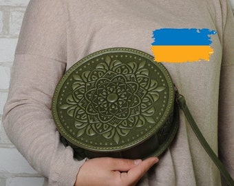 Round leather bag, olive leather purse, women round bags, leather evening bag, round leather purse, round leather bag, unique leather purse