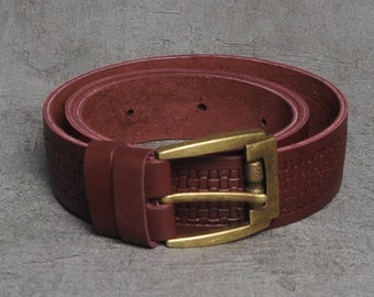 Burgundy Embossed Leather Belt: Adjustable Genuine Leather