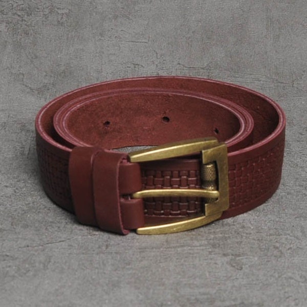 Burgundy leather belt, genuine leather belt, embossed leather belt, mens leather belt, unique belt men, womens belt, mens belt