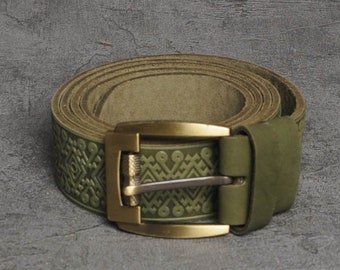 Olive leather belt, genuine leather belt, embossed leather belt, mens leather belt, unique belt men, womens belt, mens belt