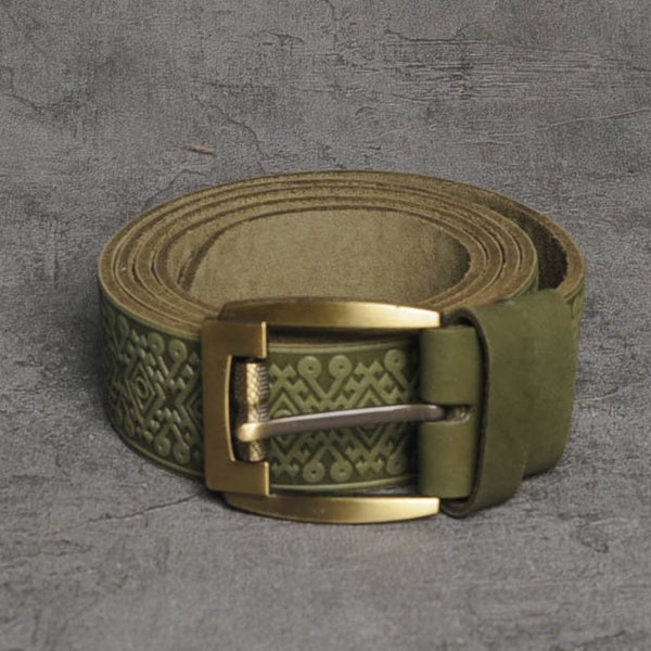 Olive leather belt, genuine leather belt, embossed leather belt, mens leather belt, unique belt men, womens belt, mens belt