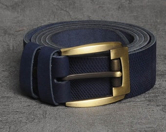 Blue leather belt, mens leather belt, genuine leather belt, embossed leather belt, unique belt men, womens belt, mens belt