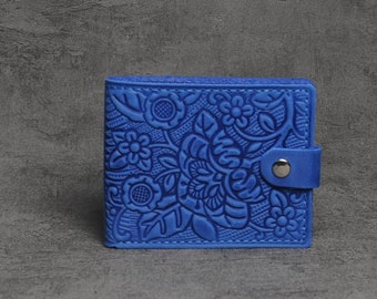 Cuero billfold mujeres, cartera de cuero suave, billfold en relieve, cartera de bolsillo, cartera billfold, cartera pequeña para mujeres, cartera azul