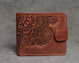 Cartera única para mujer, cartera de piel suave, cartera pequeña para mujer, billetera de piel, billetera marrón, billetera con relieve, billetera de bolsillo
