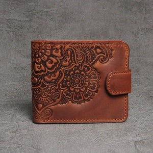 Cartera única para mujer, cartera de piel suave, cartera pequeña para mujer, billetera de piel, billetera marrón, billetera con relieve, billetera de bolsillo