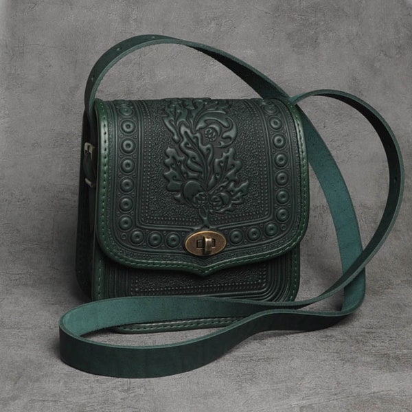 Genuine leather bag, green leather purse, embossed leather bag, crossbody bag, shoulder leather bag, green bag, messenger bag, gift for her