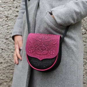 Pink small bag, bright shoulder bag, leather mini purse, small feminine bag, hot tooled leather, embossed leather purse, gift bag image 1