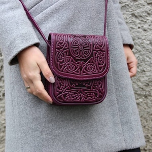 Purple mini purse, leather small bag, small crossbody bag, hot tooled leather, purple shoulder bag, embossed leather purse, gift for her