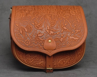 Foxy messenger bag, big leather purse, capacious leather bag, hot tooled purse, foxy crossbody bag, orange shoulder bag, bag with animals