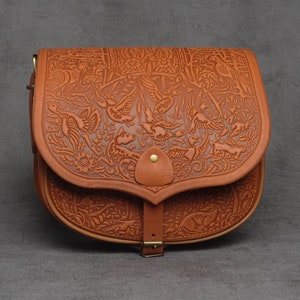 Handmade Tooled Leather Messenger Bag: Animal Embossed Crossbody Purse