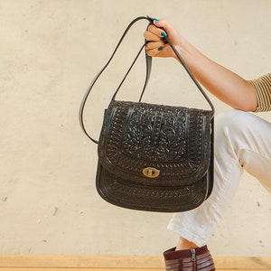 Handmade Black Tooled Leather Messenger Bag: Oak Leaf Design
