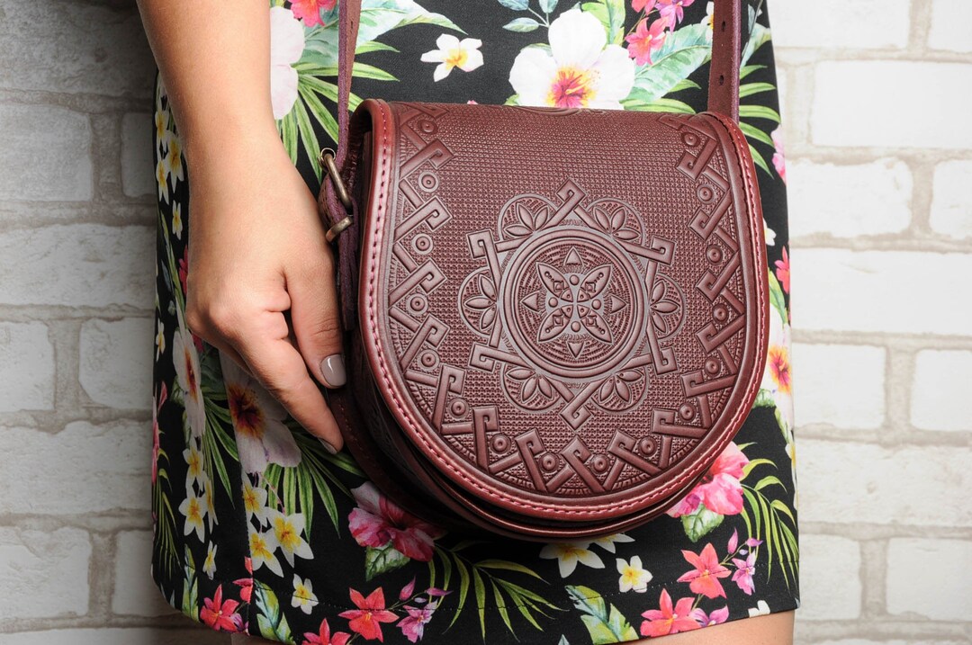 Round Crossbody Bag, Brown Leather Bag, Genuine Leather Bag, Tooled