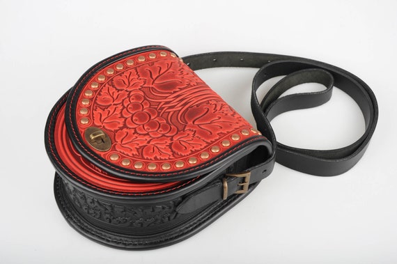 Red Bag With Metal, Round Leather Bag, Embossed Bag, Red Leather