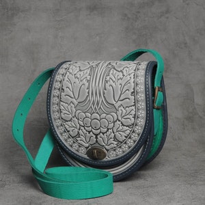 Embossed Leather Crossbody Bag: Gray & Turquoise Round Purse